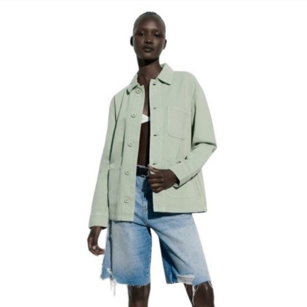 ZARA Victoria Cotton Overshirt Light Green Utility Barn Style Jacket Medium